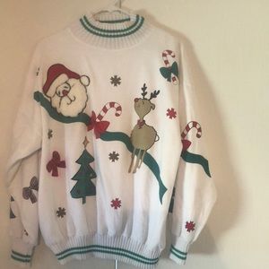 VTG stand collar Christmas Santa Reindeer ribbed sweater